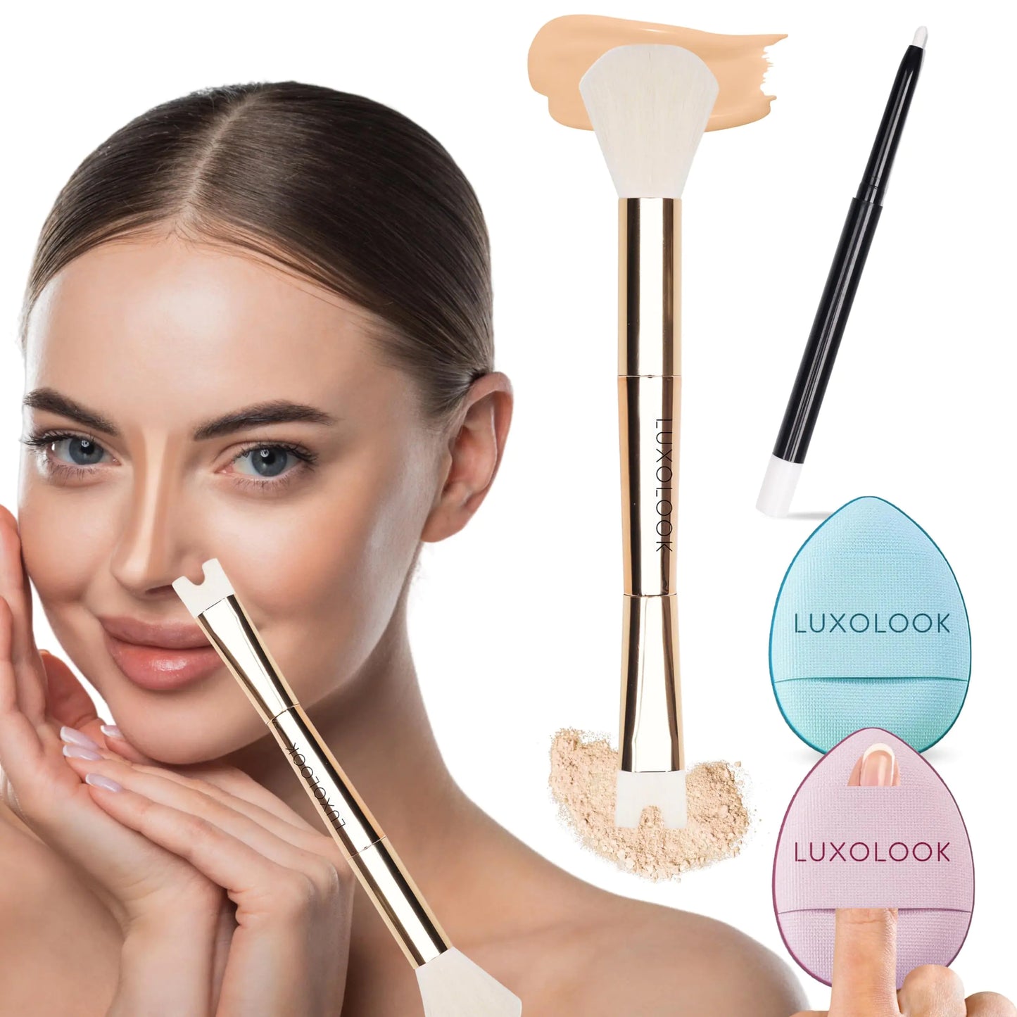 U-Shaped Viral Contour Nose Contour Brush Set | Dual-Ended Makeup Brush for Concealer | Nose Shaper | Slimmer | White Highlighter | Foundation Sponge